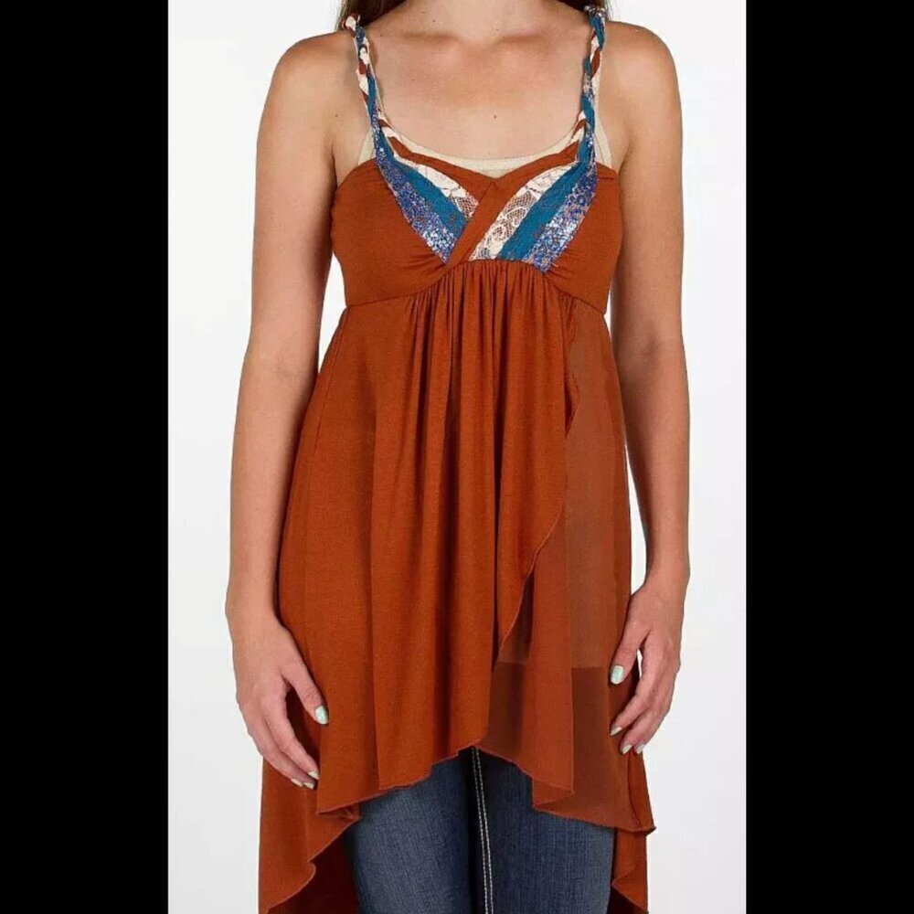 Gimmicks by BKE Burnt Orange Semi Sheer Lace Trim Boho Festival Dress